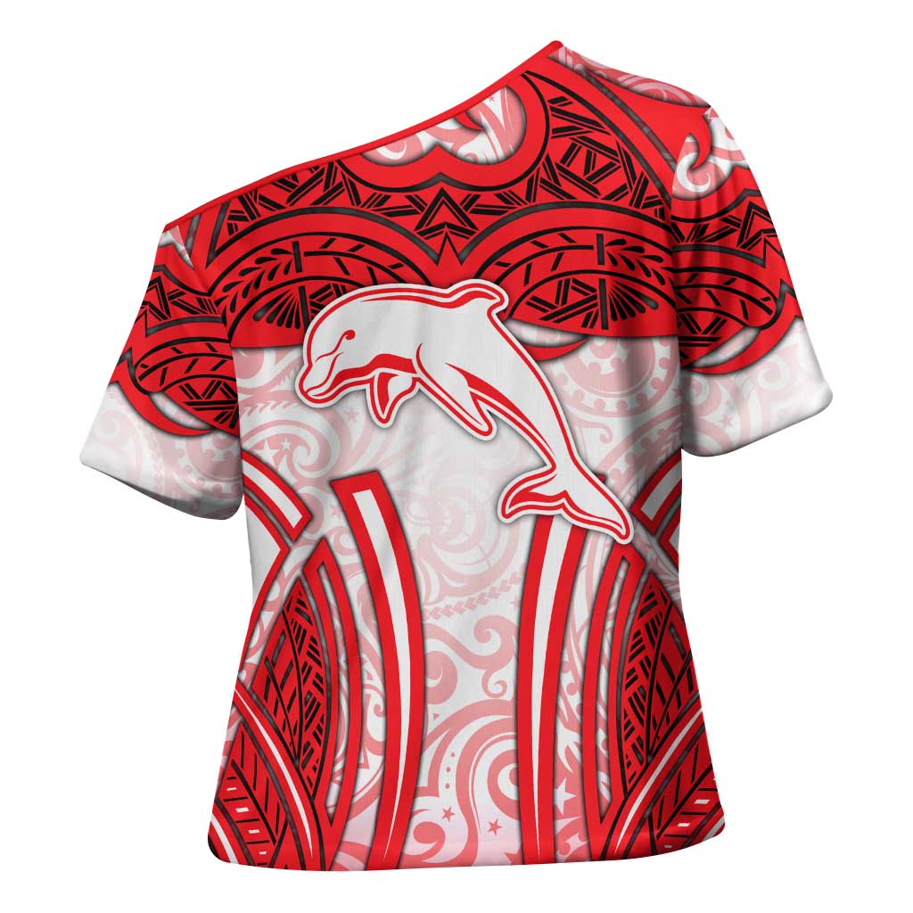Dolphins Rugby Cross Shoulder Shirt Polynesian Tribal Dolphin Warrior Red White Pattern