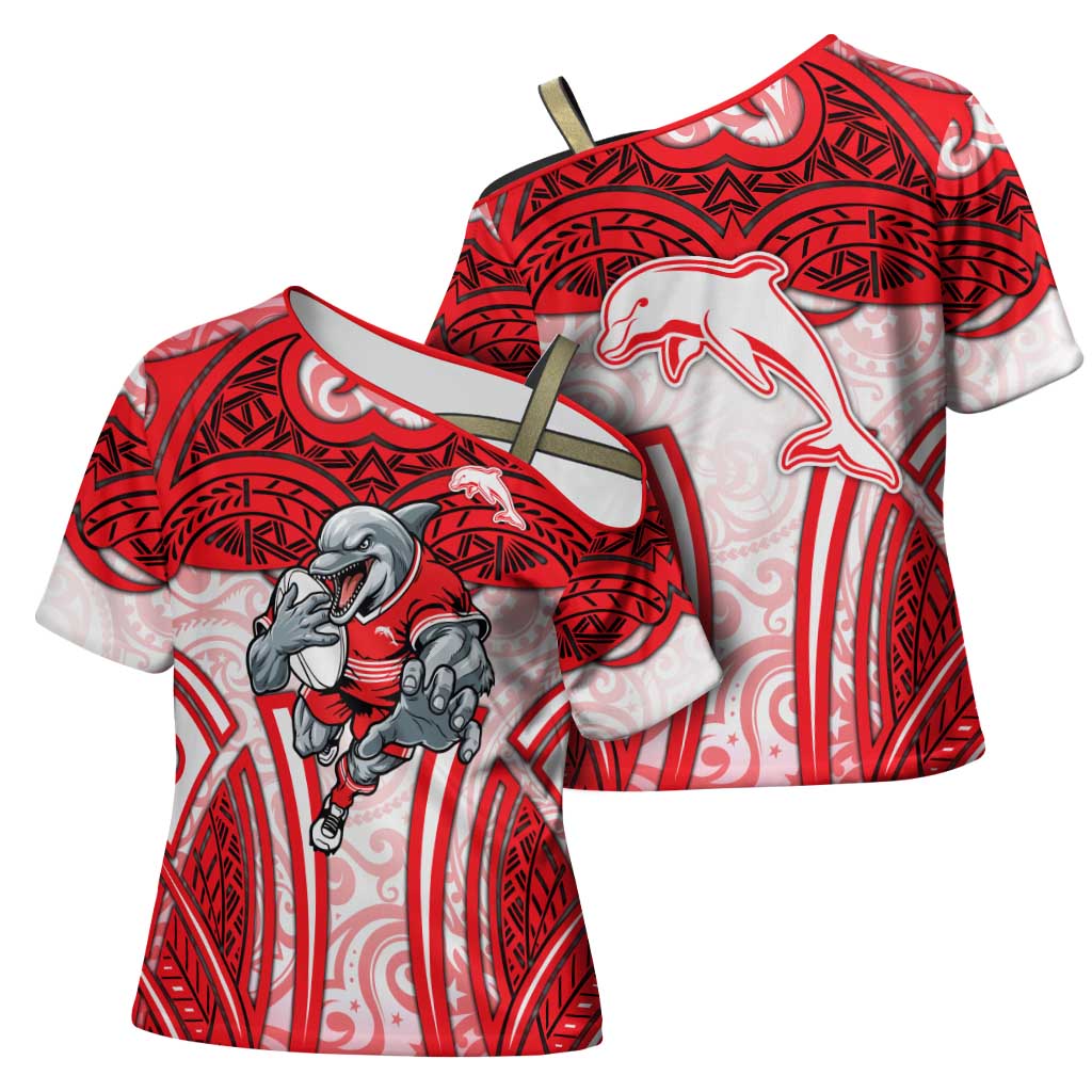 Dolphins Rugby Cross Shoulder Shirt Polynesian Tribal Dolphin Warrior Red White Pattern
