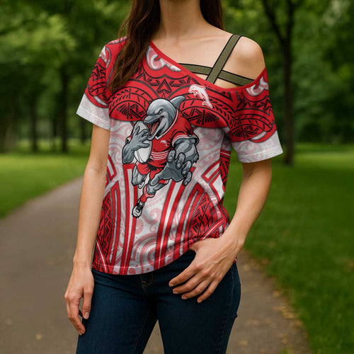 Dolphins Rugby Cross Shoulder Shirt Polynesian Tribal Dolphin Warrior Red White Pattern