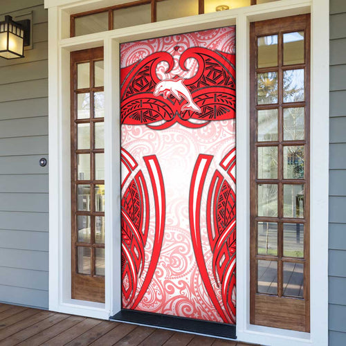 Dolphins Rugby Door Cover Polynesian Tribal Dolphin Warrior Red White Pattern