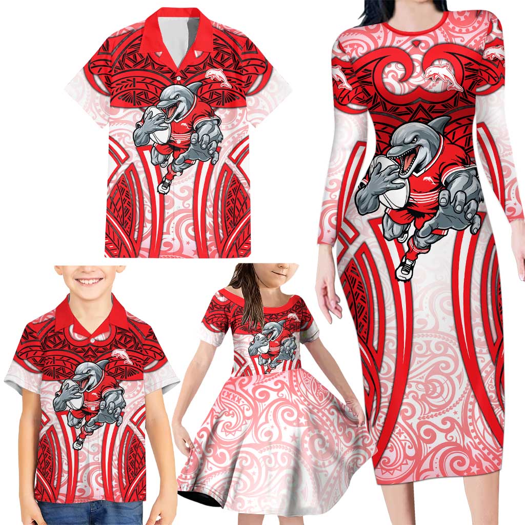 Dolphins Rugby Family Matching Long Sleeve Bodycon Dress and Hawaiian Shirt Polynesian Tribal Dolphin Warrior Red White Pattern