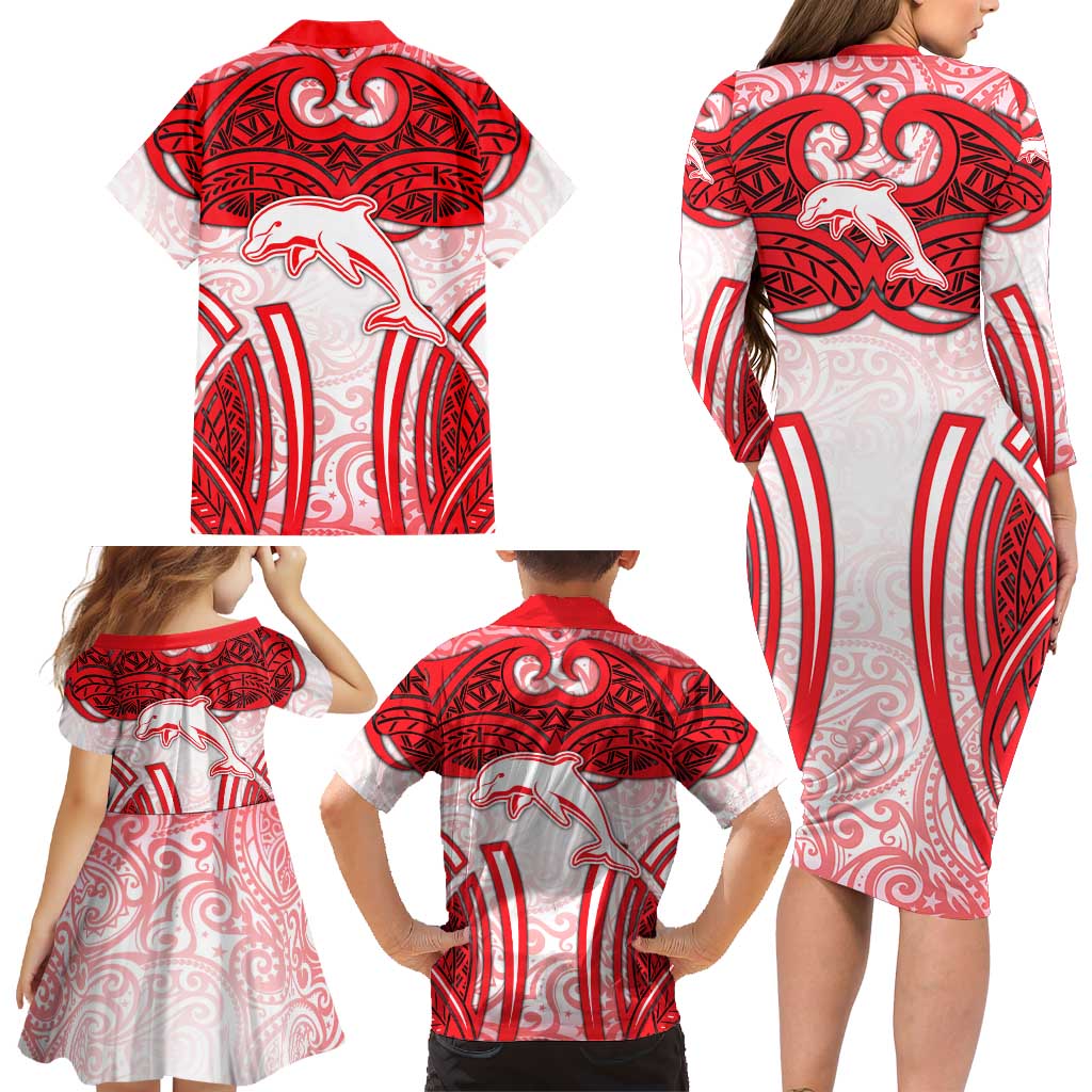 Dolphins Rugby Family Matching Long Sleeve Bodycon Dress and Hawaiian Shirt Polynesian Tribal Dolphin Warrior Red White Pattern