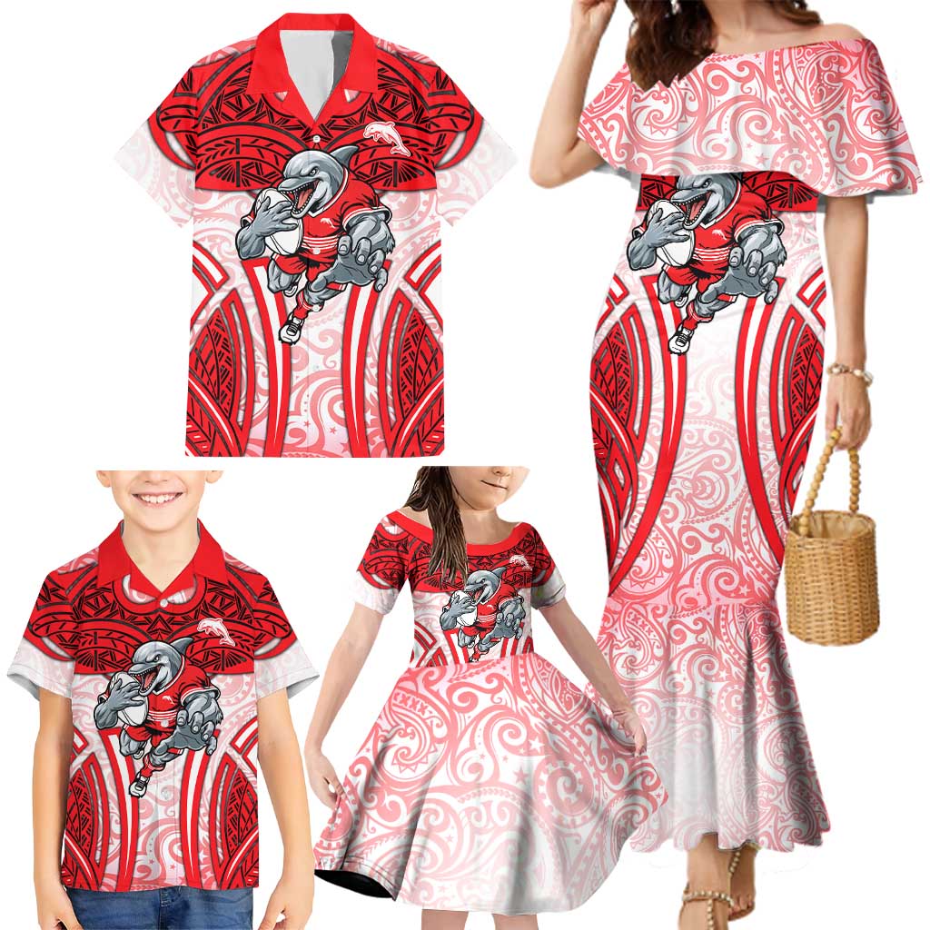 Dolphins Rugby Family Matching Mermaid Dress and Hawaiian Shirt Polynesian Tribal Dolphin Warrior Red White Pattern