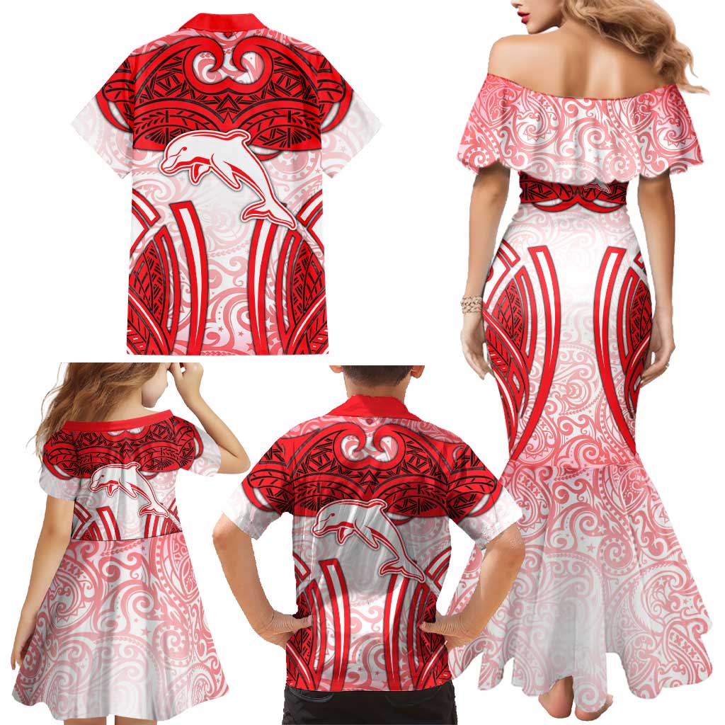 Dolphins Rugby Family Matching Mermaid Dress and Hawaiian Shirt Polynesian Tribal Dolphin Warrior Red White Pattern