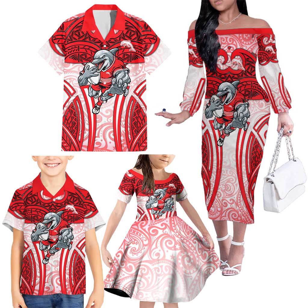 Dolphins Rugby Family Matching Off The Shoulder Long Sleeve Dress and Hawaiian Shirt Polynesian Tribal Dolphin Warrior Red White Pattern