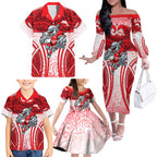 Dolphins Rugby Family Matching Off The Shoulder Long Sleeve Dress and Hawaiian Shirt Polynesian Tribal Dolphin Warrior Red White Pattern