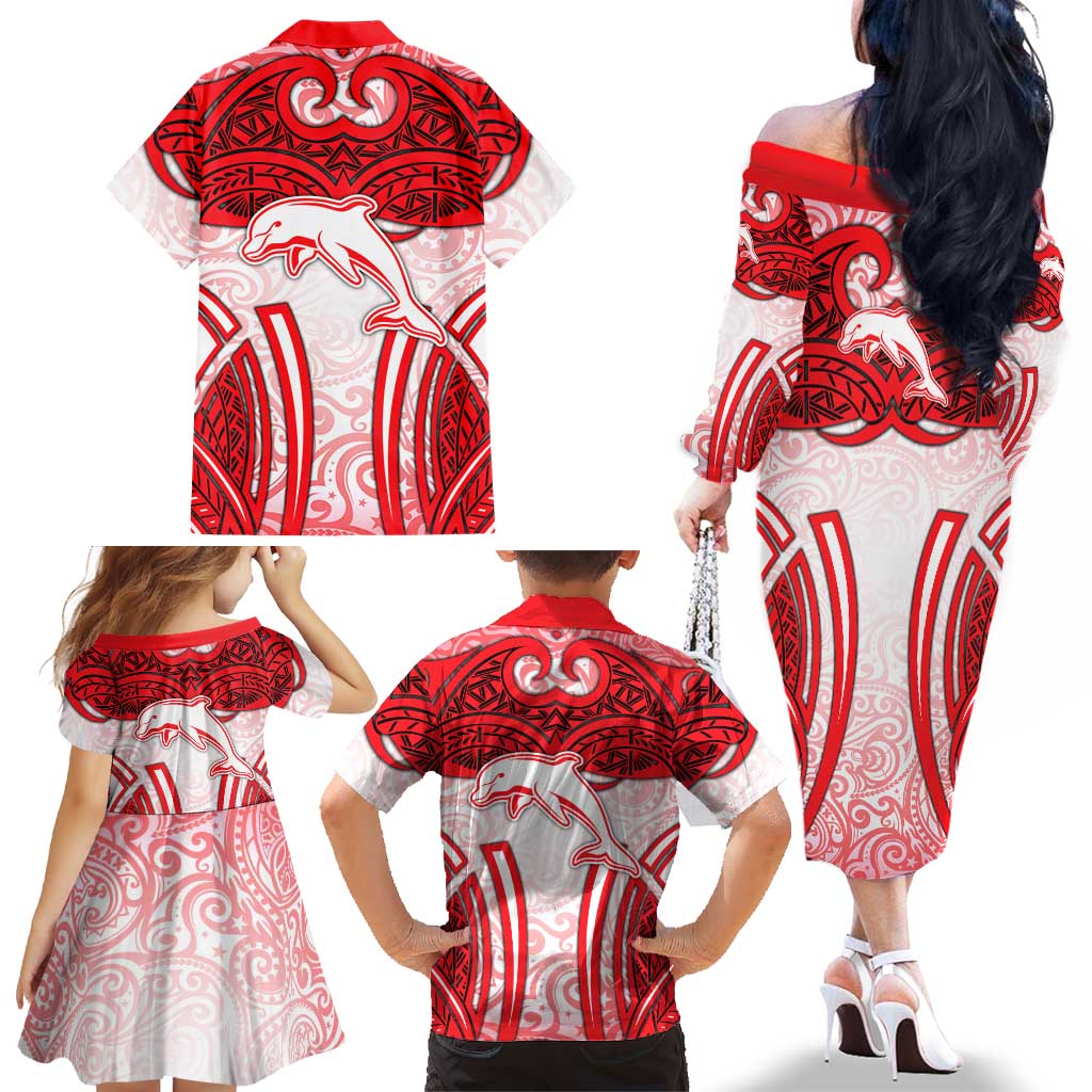 Dolphins Rugby Family Matching Off The Shoulder Long Sleeve Dress and Hawaiian Shirt Polynesian Tribal Dolphin Warrior Red White Pattern