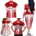 Dolphins Rugby Family Matching Off The Shoulder Long Sleeve Dress and Hawaiian Shirt Polynesian Tribal Dolphin Warrior Red White Pattern
