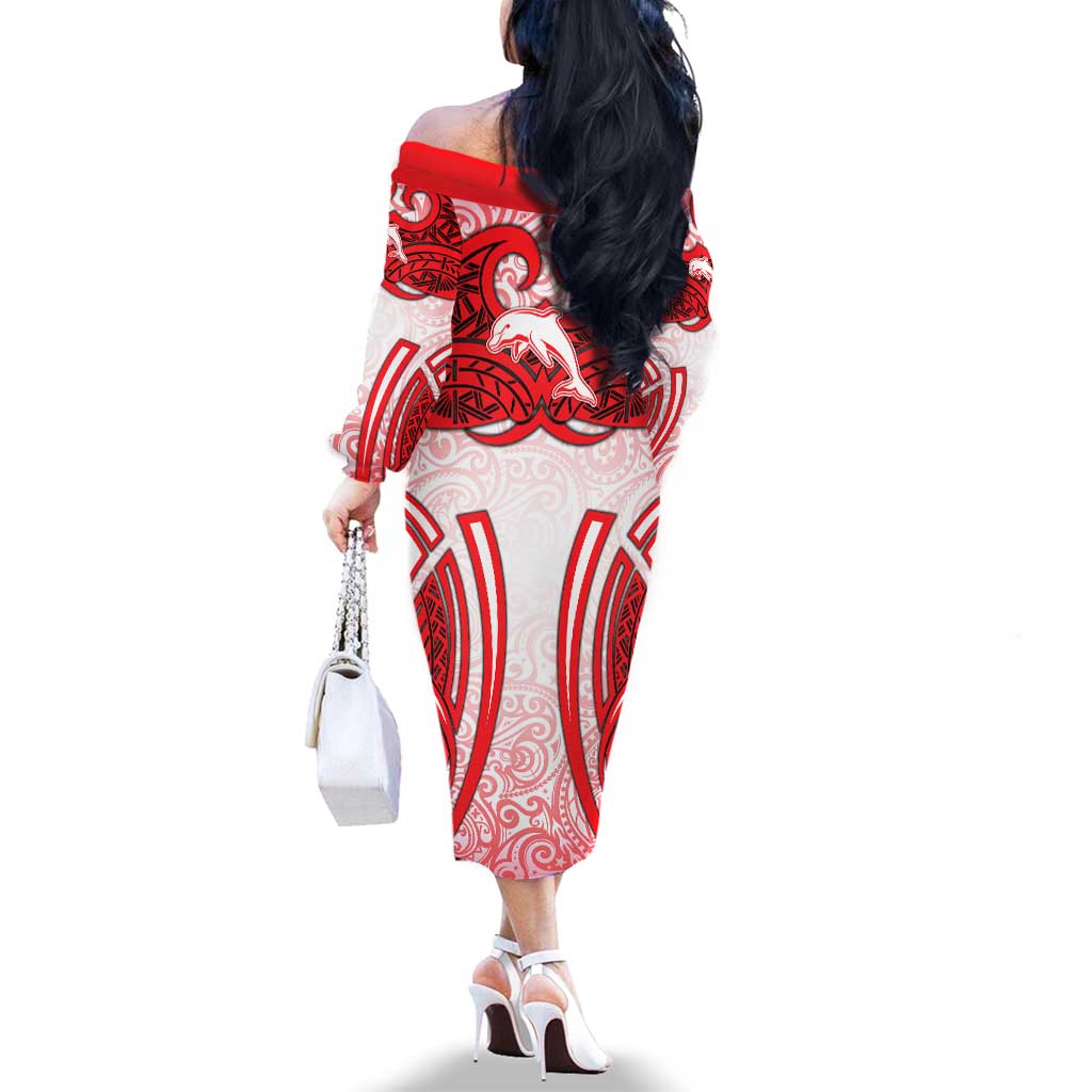Dolphins Rugby Family Matching Off The Shoulder Long Sleeve Dress and Hawaiian Shirt Polynesian Tribal Dolphin Warrior Red White Pattern