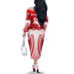 Dolphins Rugby Family Matching Off The Shoulder Long Sleeve Dress and Hawaiian Shirt Polynesian Tribal Dolphin Warrior Red White Pattern