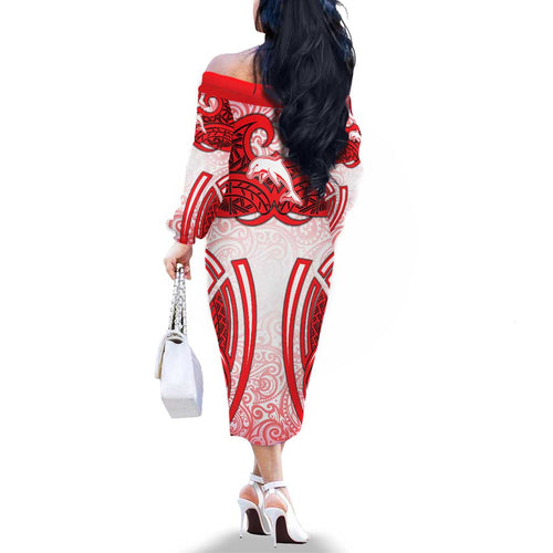Dolphins Rugby Family Matching Off The Shoulder Long Sleeve Dress and Hawaiian Shirt Polynesian Tribal Dolphin Warrior Red White Pattern