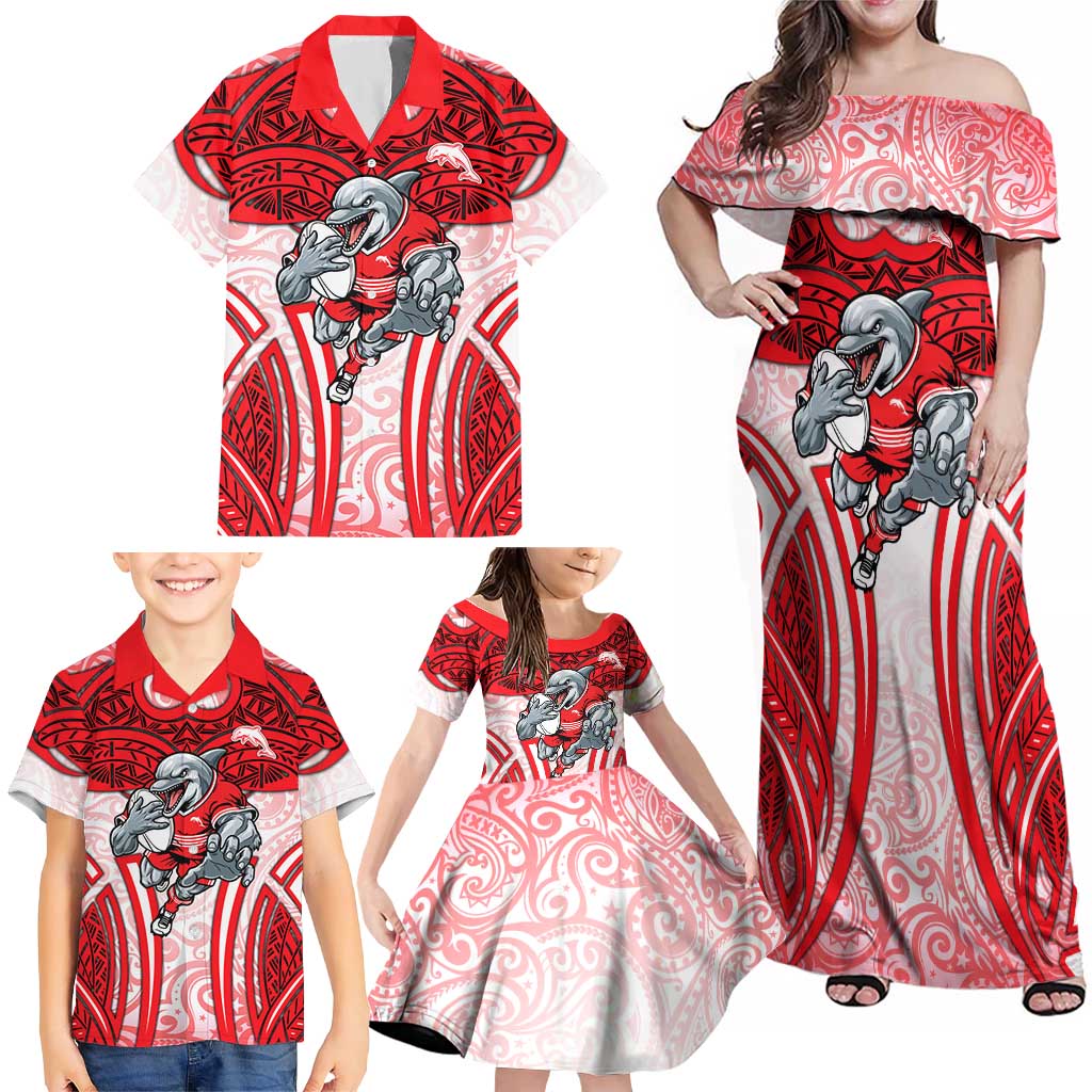 Dolphins Rugby Family Matching Off Shoulder Maxi Dress and Hawaiian Shirt Polynesian Tribal Dolphin Warrior Red White Pattern