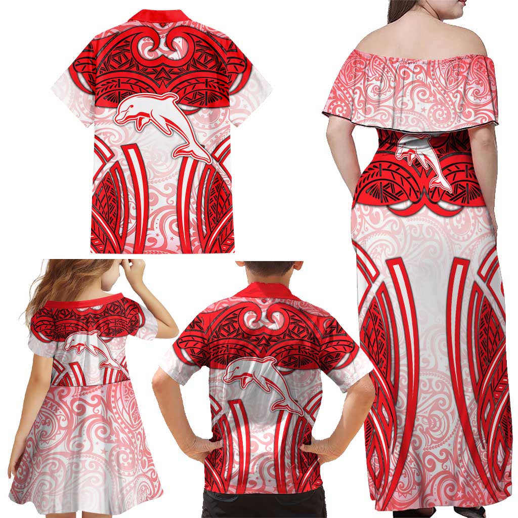 Dolphins Rugby Family Matching Off Shoulder Maxi Dress and Hawaiian Shirt Polynesian Tribal Dolphin Warrior Red White Pattern