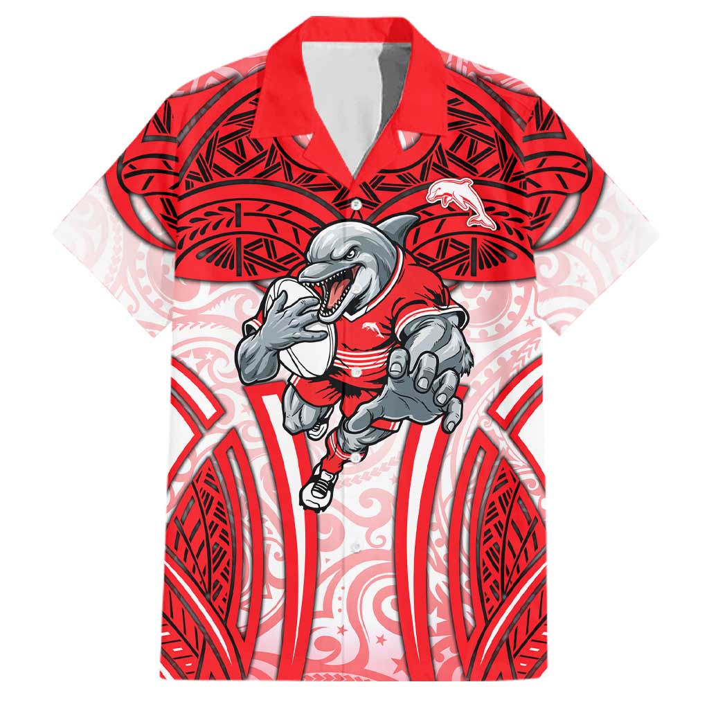 Dolphins Rugby Family Matching Off Shoulder Maxi Dress and Hawaiian Shirt Polynesian Tribal Dolphin Warrior Red White Pattern