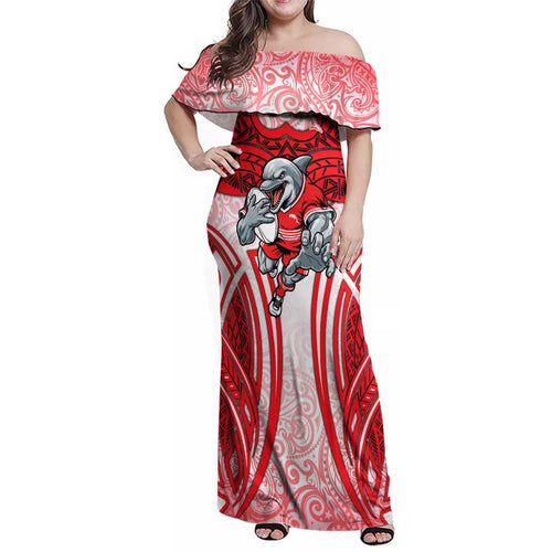 Dolphins Rugby Family Matching Off Shoulder Maxi Dress and Hawaiian Shirt Polynesian Tribal Dolphin Warrior Red White Pattern
