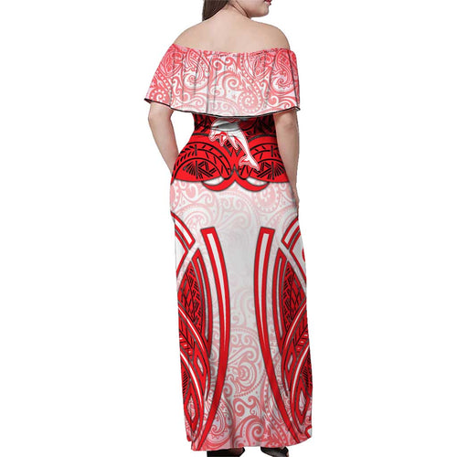 Dolphins Rugby Family Matching Off Shoulder Maxi Dress and Hawaiian Shirt Polynesian Tribal Dolphin Warrior Red White Pattern