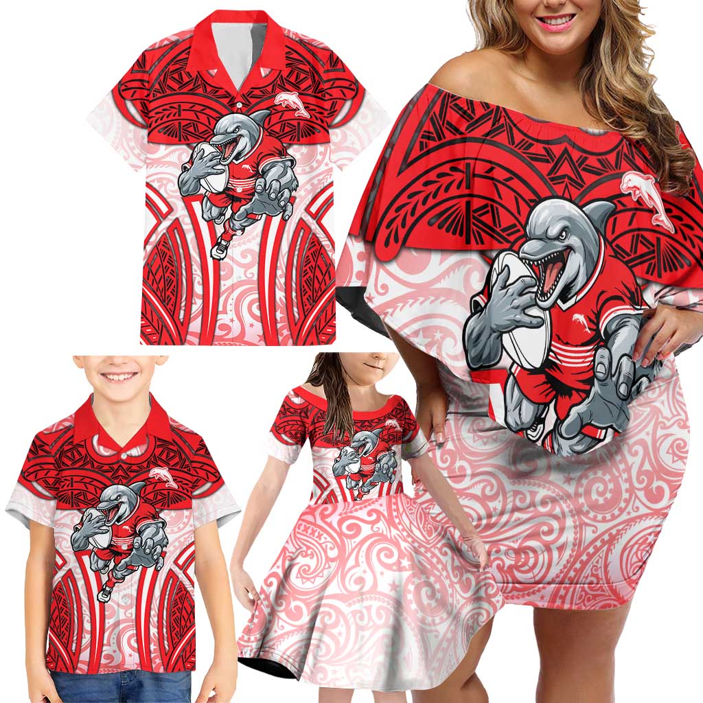 Dolphins Rugby Family Matching Off Shoulder Short Dress and Hawaiian Shirt Polynesian Tribal Dolphin Warrior Red White Pattern