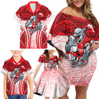 Dolphins Rugby Family Matching Off Shoulder Short Dress and Hawaiian Shirt Polynesian Tribal Dolphin Warrior Red White Pattern