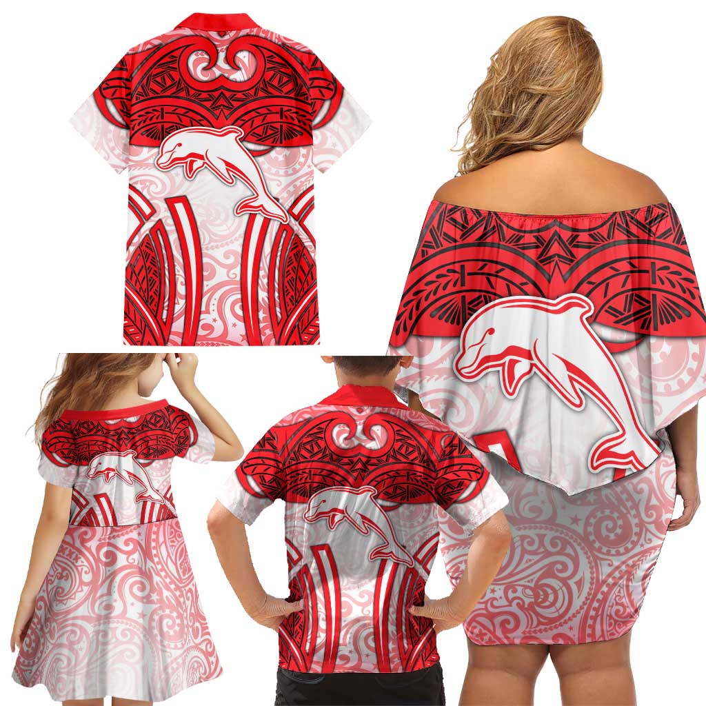 Dolphins Rugby Family Matching Off Shoulder Short Dress and Hawaiian Shirt Polynesian Tribal Dolphin Warrior Red White Pattern