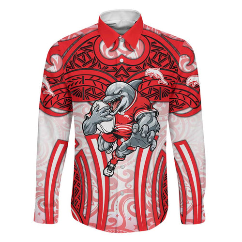 Dolphins Rugby Family Matching Off Shoulder Short Dress and Hawaiian Shirt Polynesian Tribal Dolphin Warrior Red White Pattern