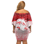 Dolphins Rugby Family Matching Off Shoulder Short Dress and Hawaiian Shirt Polynesian Tribal Dolphin Warrior Red White Pattern