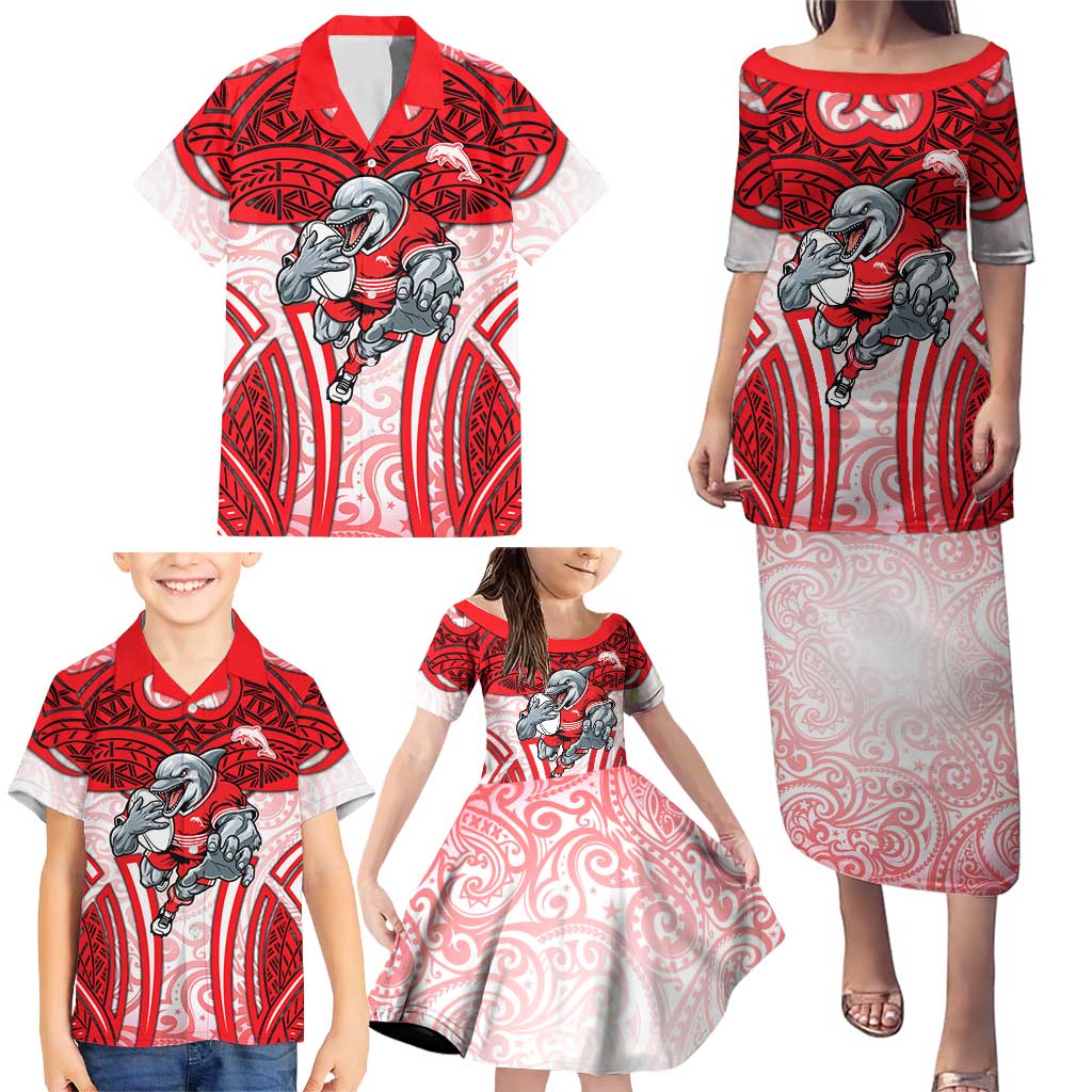 Dolphins Rugby Family Matching Puletasi and Hawaiian Shirt Polynesian Tribal Dolphin Warrior Red White Pattern