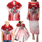 Dolphins Rugby Family Matching Puletasi and Hawaiian Shirt Polynesian Tribal Dolphin Warrior Red White Pattern