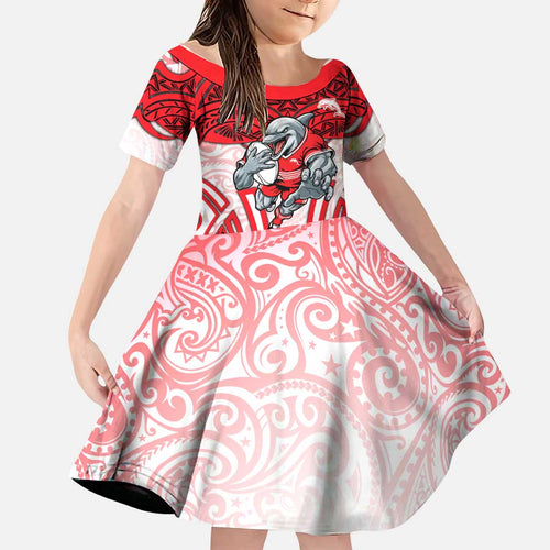 Dolphins Rugby Family Matching Puletasi and Hawaiian Shirt Polynesian Tribal Dolphin Warrior Red White Pattern