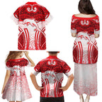 Dolphins Rugby Family Matching Puletasi and Hawaiian Shirt Polynesian Tribal Dolphin Warrior Red White Pattern