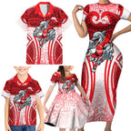 Dolphins Rugby Family Matching Short Sleeve Bodycon Dress and Hawaiian Shirt Polynesian Tribal Dolphin Warrior Red White Pattern