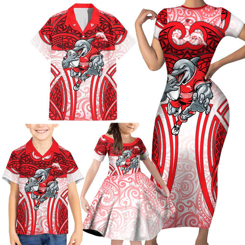 Dolphins Rugby Family Matching Short Sleeve Bodycon Dress and Hawaiian Shirt Polynesian Tribal Dolphin Warrior Red White Pattern