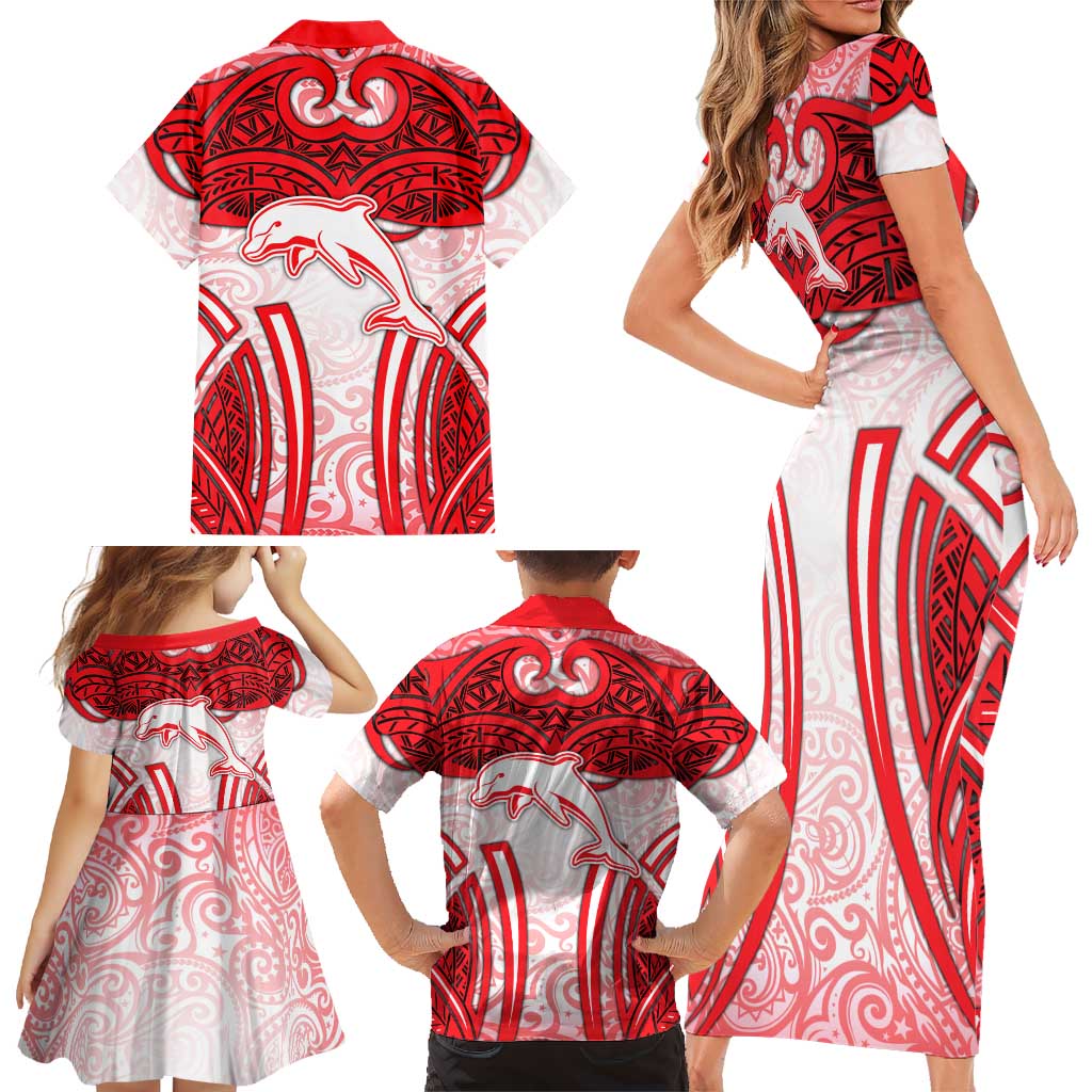 Dolphins Rugby Family Matching Short Sleeve Bodycon Dress and Hawaiian Shirt Polynesian Tribal Dolphin Warrior Red White Pattern