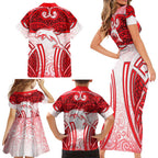 Dolphins Rugby Family Matching Short Sleeve Bodycon Dress and Hawaiian Shirt Polynesian Tribal Dolphin Warrior Red White Pattern