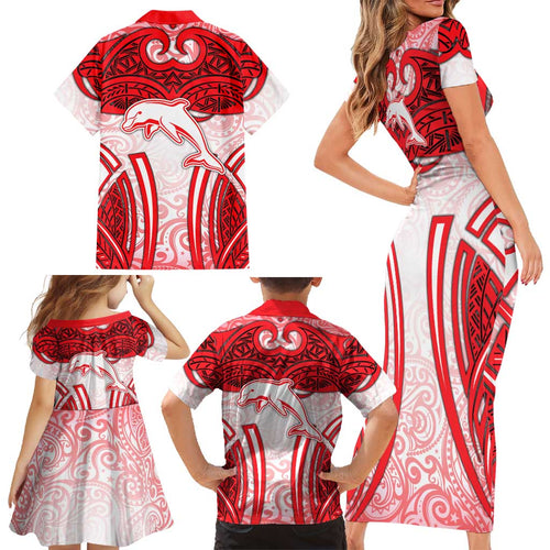 Dolphins Rugby Family Matching Short Sleeve Bodycon Dress and Hawaiian Shirt Polynesian Tribal Dolphin Warrior Red White Pattern