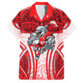 Dolphins Rugby Family Matching Short Sleeve Bodycon Dress and Hawaiian Shirt Polynesian Tribal Dolphin Warrior Red White Pattern