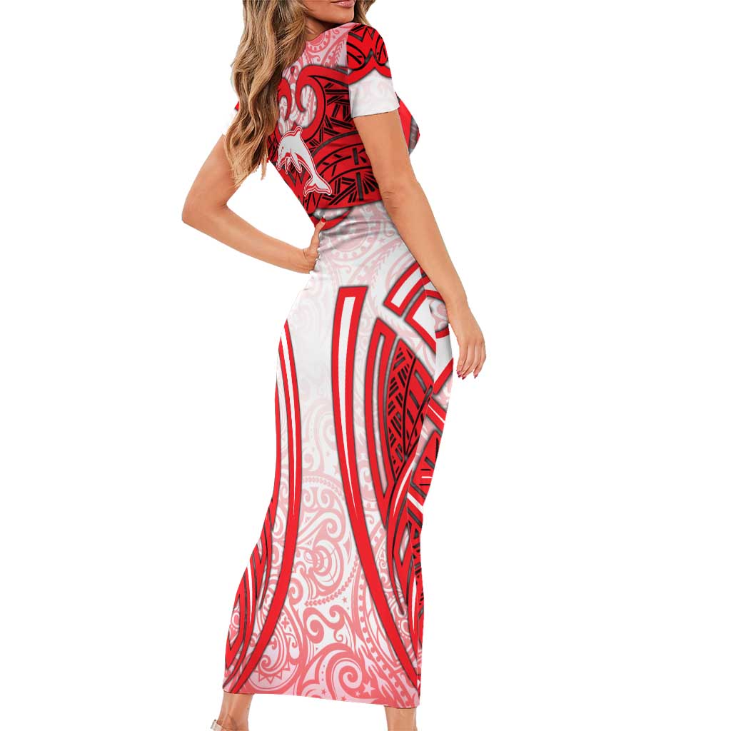 Dolphins Rugby Family Matching Short Sleeve Bodycon Dress and Hawaiian Shirt Polynesian Tribal Dolphin Warrior Red White Pattern