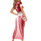 Dolphins Rugby Family Matching Short Sleeve Bodycon Dress and Hawaiian Shirt Polynesian Tribal Dolphin Warrior Red White Pattern