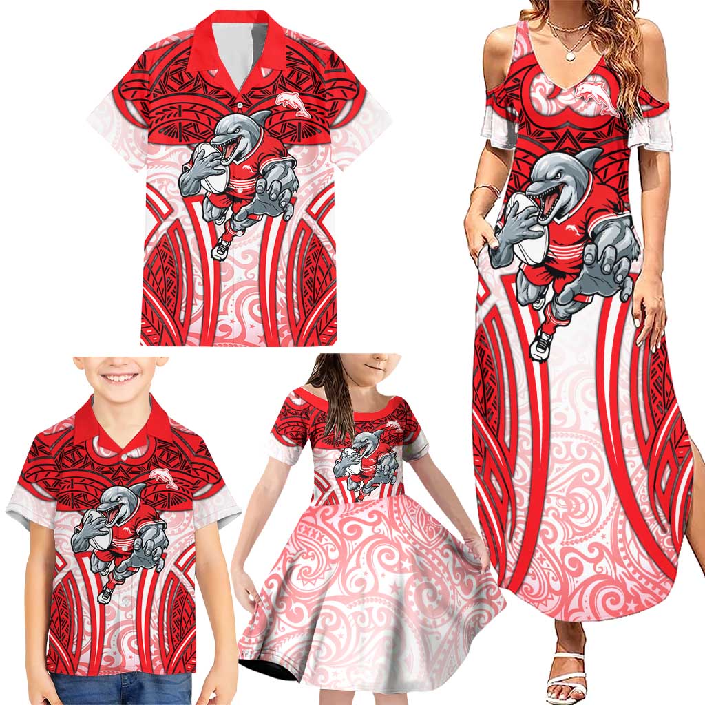 Dolphins Rugby Family Matching Summer Maxi Dress and Hawaiian Shirt Polynesian Tribal Dolphin Warrior Red White Pattern
