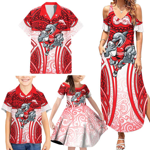 Dolphins Rugby Family Matching Summer Maxi Dress and Hawaiian Shirt Polynesian Tribal Dolphin Warrior Red White Pattern