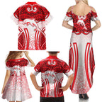 Dolphins Rugby Family Matching Summer Maxi Dress and Hawaiian Shirt Polynesian Tribal Dolphin Warrior Red White Pattern