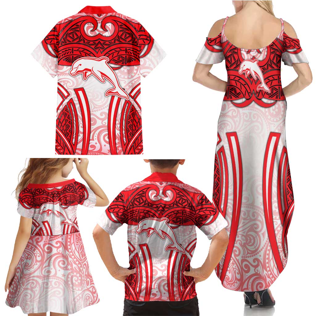 Dolphins Rugby Family Matching Summer Maxi Dress and Hawaiian Shirt Polynesian Tribal Dolphin Warrior Red White Pattern