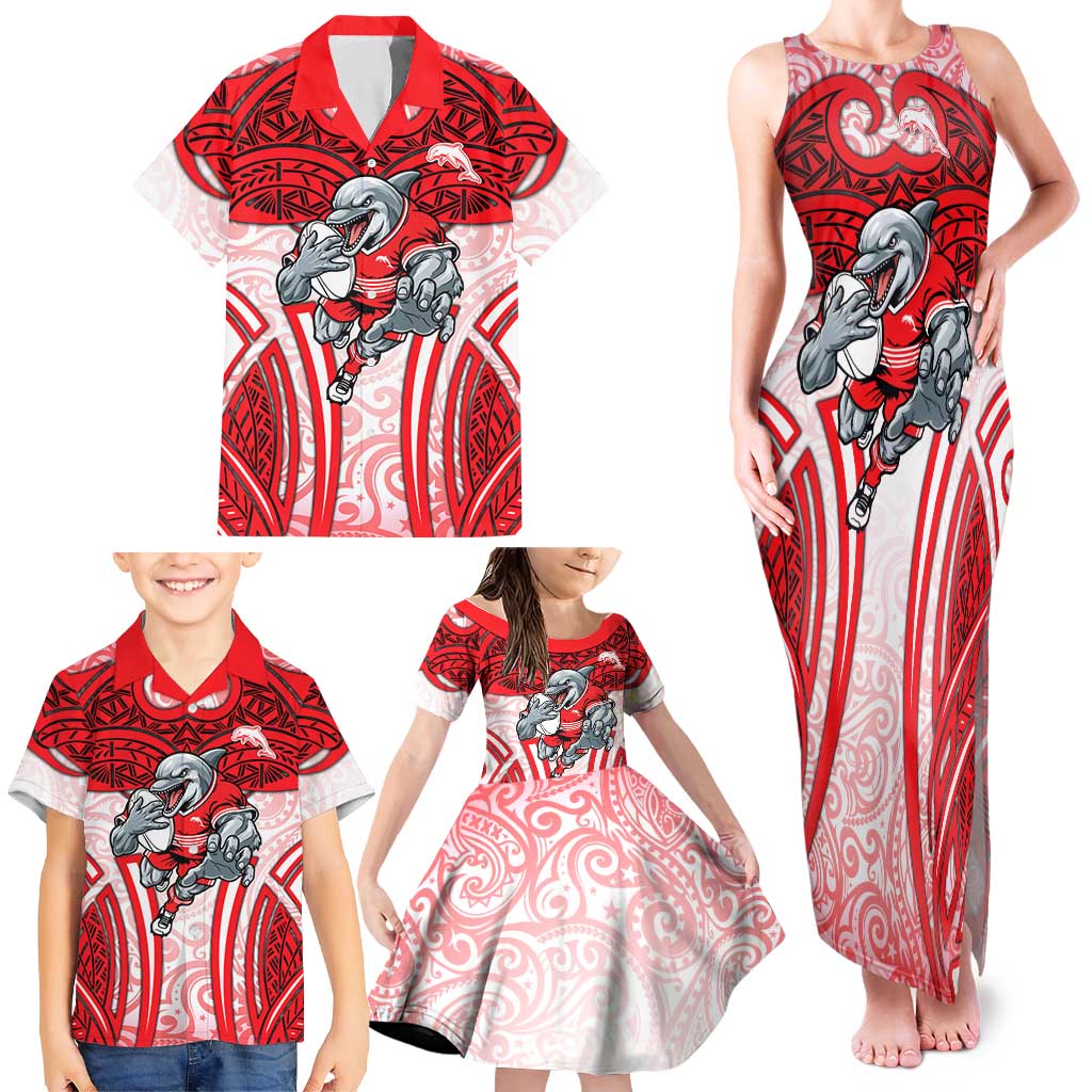 Dolphins Rugby Family Matching Tank Maxi Dress and Hawaiian Shirt Polynesian Tribal Dolphin Warrior Red White Pattern
