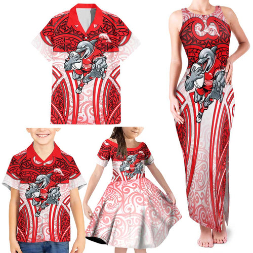 Dolphins Rugby Family Matching Tank Maxi Dress and Hawaiian Shirt Polynesian Tribal Dolphin Warrior Red White Pattern