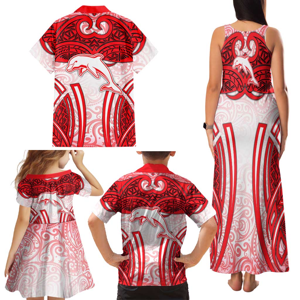 Dolphins Rugby Family Matching Tank Maxi Dress and Hawaiian Shirt Polynesian Tribal Dolphin Warrior Red White Pattern