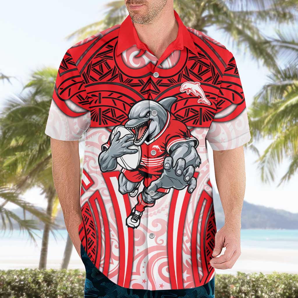 Dolphins Rugby Hawaiian Shirt Polynesian Tribal Dolphin Warrior Red White Pattern
