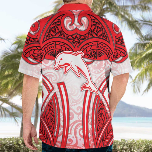 Dolphins Rugby Hawaiian Shirt Polynesian Tribal Dolphin Warrior Red White Pattern