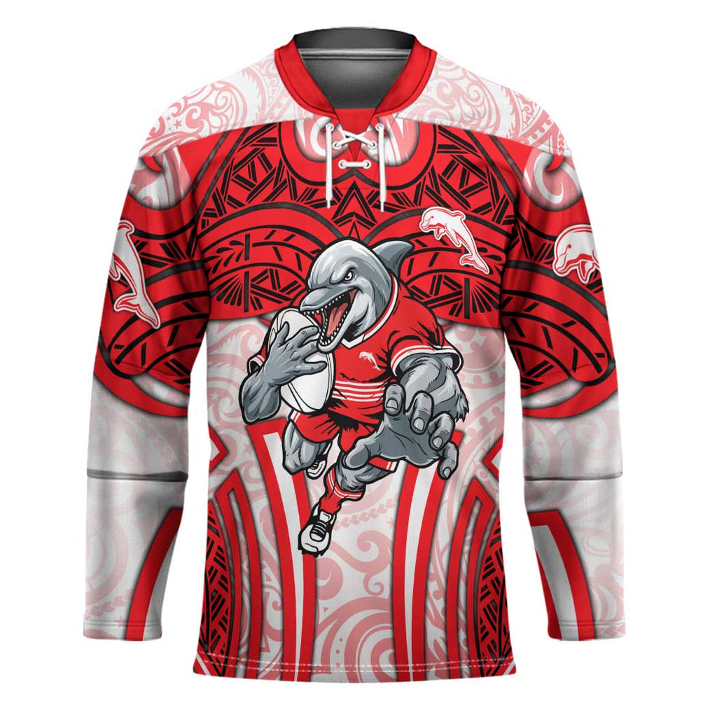 Dolphins Rugby Hockey Jersey Polynesian Tribal Dolphin Warrior Red White Pattern