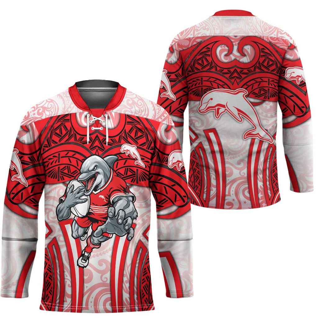 Dolphins Rugby Hockey Jersey Polynesian Tribal Dolphin Warrior Red White Pattern