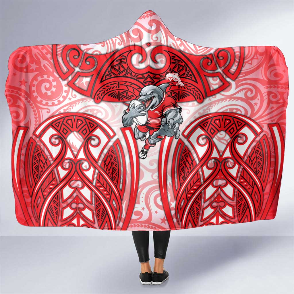 Dolphins Rugby Hooded Blanket Polynesian Tribal Dolphin Warrior Red White Pattern