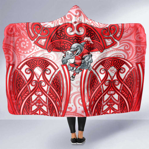 Dolphins Rugby Hooded Blanket Polynesian Tribal Dolphin Warrior Red White Pattern